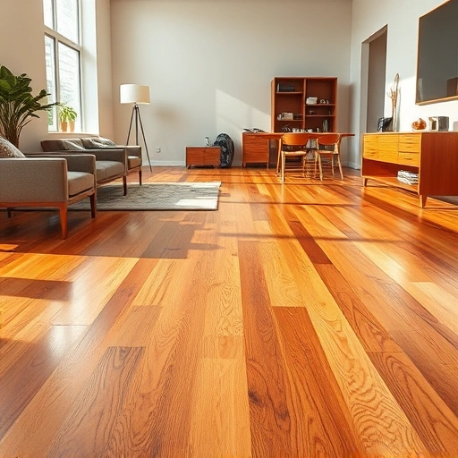 Hardwood floor refinishing in Oklahoma City, showcasing polished wood in warm tones and elegant minimalistic décor.