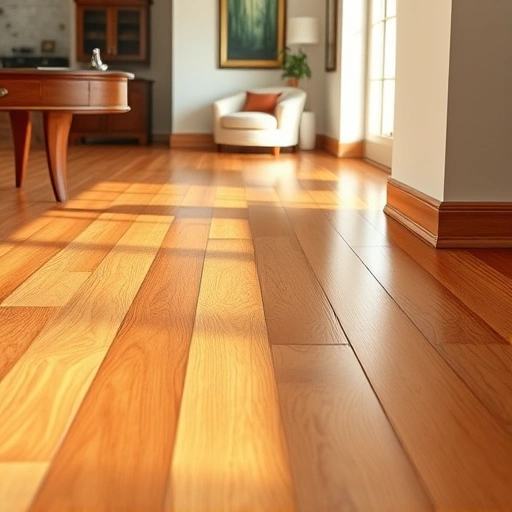 Quarter round installation in warm wood tone seamlessly blends with polished hardwood floors in a stylish interior.
