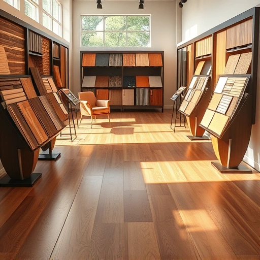 Showroom display of hardwood, laminate, and tile flooring options in a modern Bethany, OK setting with natural lighting.