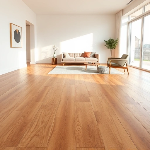 Beautiful hardwood flooring installation in a spacious, well-lit room with soft natural light and elegant decor.