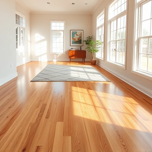 Spacious room with honey-colored hardwood flooring, large windows, and stylish decor creating an inviting atmosphere.