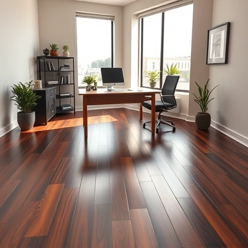 Completed hardwood flooring in a contemporary office with modern desk, plants, and natural light in Midwest City OK.