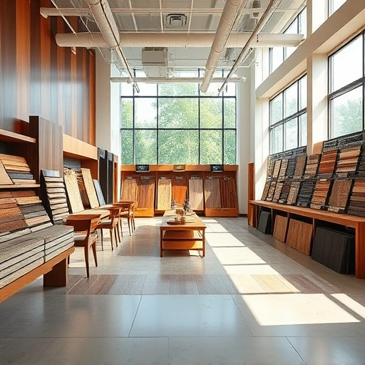 Flooring showroom featuring hardwood, laminate, tile, and carpet samples in a modern, inviting atmosphere.