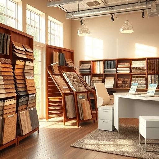 Flooring showroom displays diverse options like hardwood, laminate, tile, and carpet in a stylish, inviting setting.