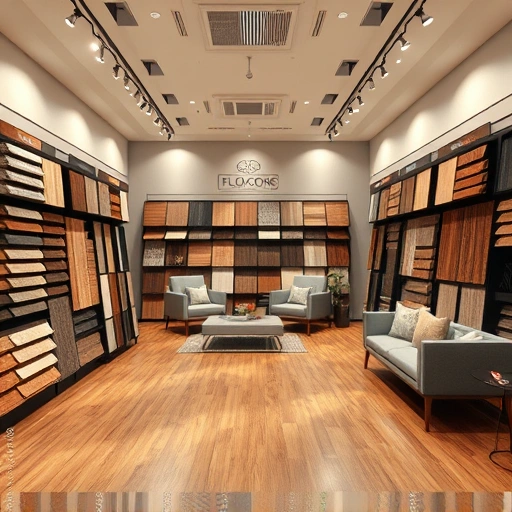 Showroom for flooring sales features diverse hardwood, tile, and carpet samples in a sleek, modern design.