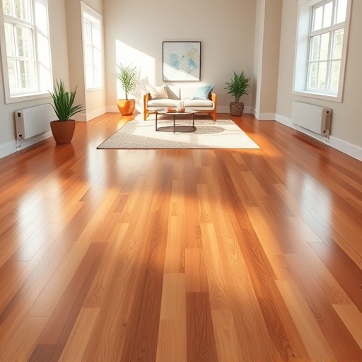 Completed hardwood flooring installation in Del City OK featuring warm tones, glossy finish, and elegant decor.