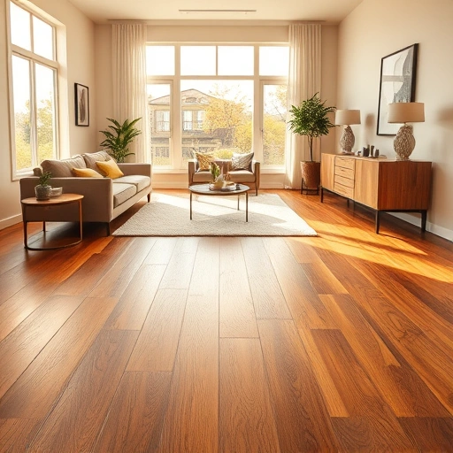 Wide plank hardwood floor installation in a sunlit Oklahoma City living room with rich textures and modern decor.