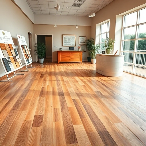 Flooring showroom featuring hardwood, laminate, and tile options under natural light with elegant decor and display boards.