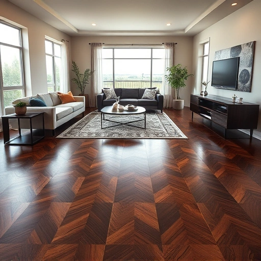 Spacious living room in Luther OK with dark hardwood floors, modern decor, and warm ambient lighting.