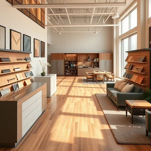 Modern flooring showroom displaying hardwood, laminate, tile, and carpet with elegant decor and natural light.