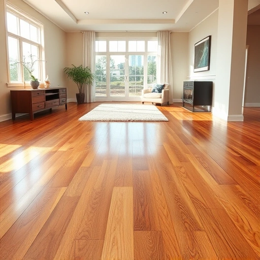 Spacious living room with gleaming hardwood floors in warm tones, reflecting natural light and showcasing elegant design.