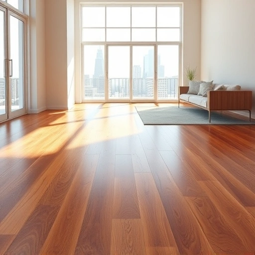 Spacious room with polished hardwood flooring, natural light, and Oklahoma City skyline visible through large windows.