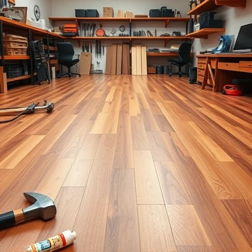 Hardwood floor joist repair in Oklahoma City with rich tones, tools arranged neatly in a professional workshop.