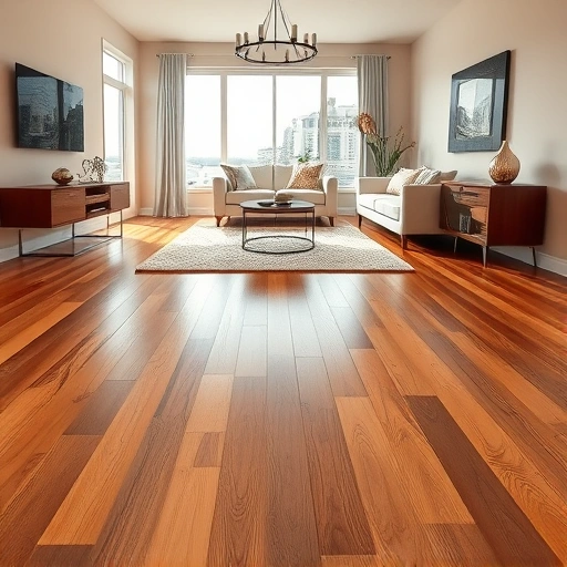 Completed hardwood floor replacement in a modern living room in Oklahoma City showcasing rich wood grains and warm tones.