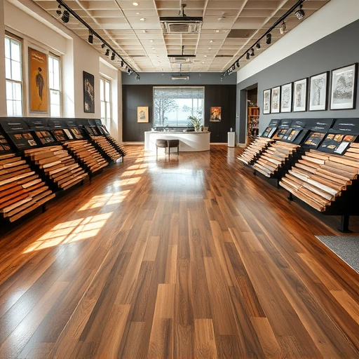Flooring showroom with a variety of hardwood, laminate, tile, and carpet options under ambient lighting and modern decor.