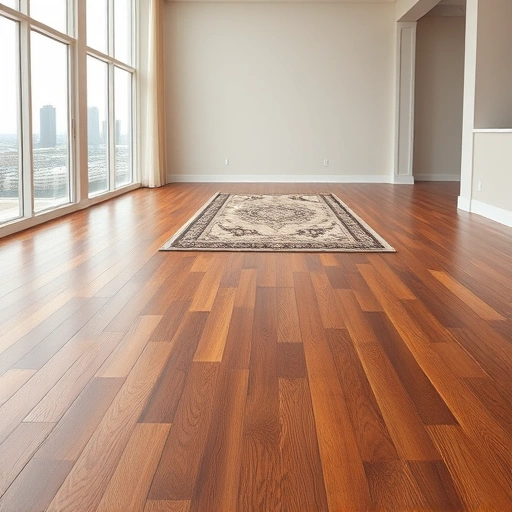Spacious room with polished hardwood flooring in warm oak tones and views of the Oklahoma City skyline.