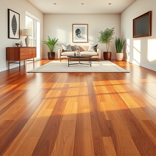 Stunning hardwood flooring in a modern living room with warm tones, glossy finish, and stylish decor in Edmond, OK.