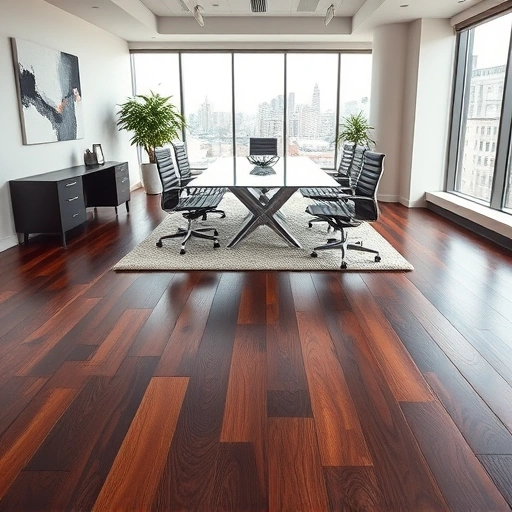Modern office in Oklahoma City showcasing dark hardwood flooring, sleek furniture, and natural light with greenery.