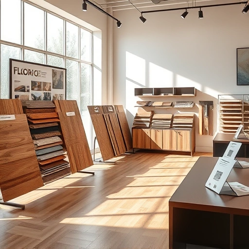 Showroom featuring diverse flooring options like hardwood and tile, well-lit with polished displays and brochures.