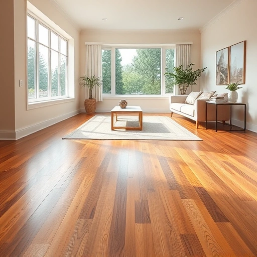 Solid hardwood floor installation in Oklahoma City featuring polished oak planks in a spacious, inviting living room.