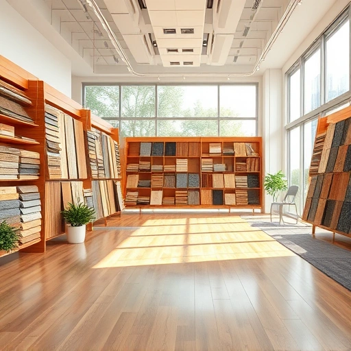 Flooring showroom featuring hardwood, laminate, tile, and carpet samples with elegant displays and natural light.