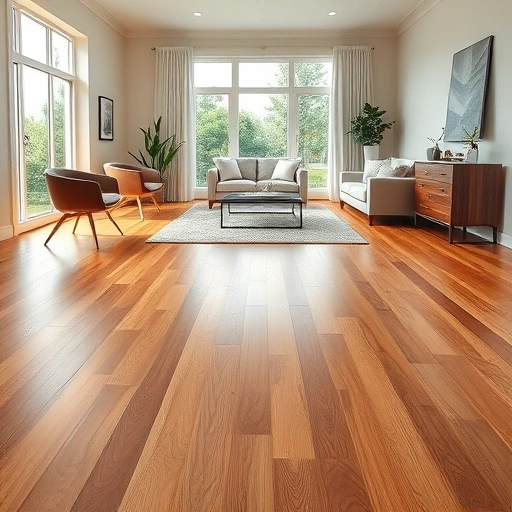 Solid hardwood floor installation in Oklahoma City highlighted by natural light, modern decor, and warm tones.