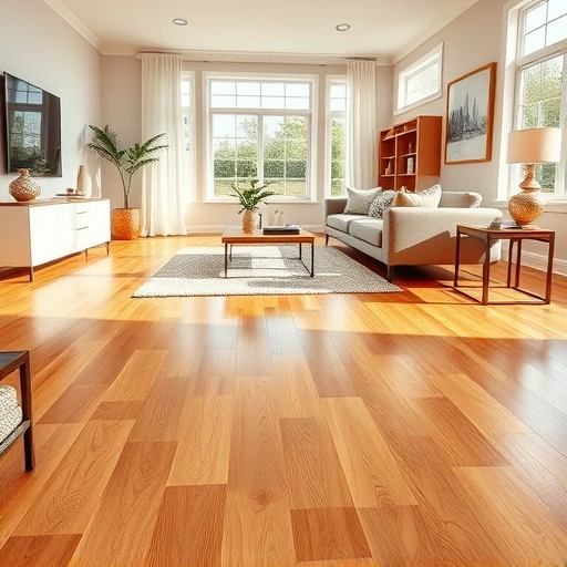 Spacious sunlit living room in Jones, OK with polished oak hardwood floors and elegant furniture accents.