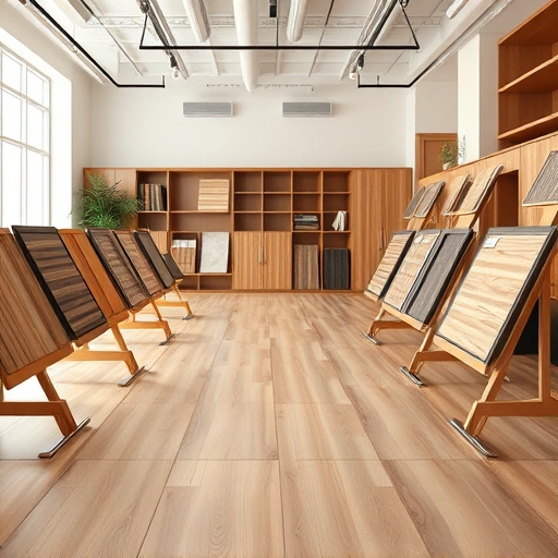 Flooring display showcasing hardwood, laminate, and tile in a modern showroom with elegant decor and inviting atmosphere.
