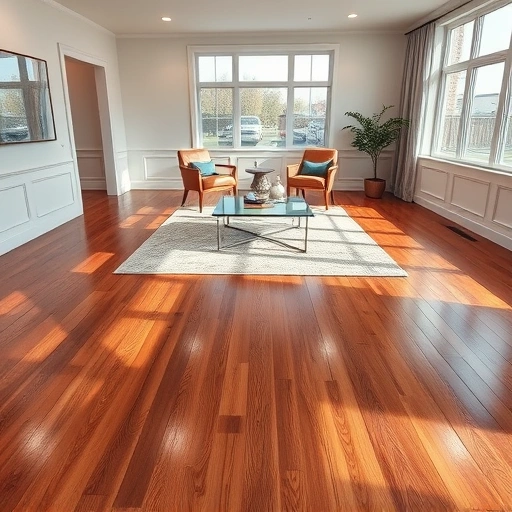 Completed hardwood flooring installation in Shawnee OK with glossy finish and elegant minimalistic decor.