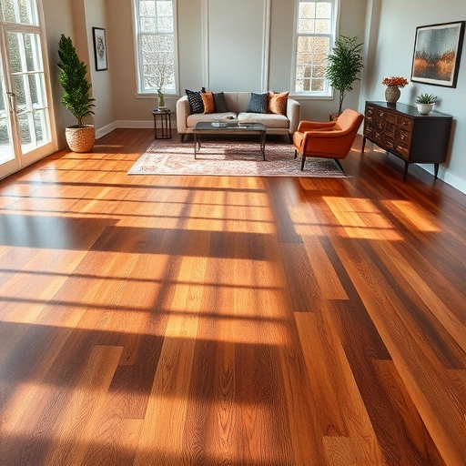 Hardwood floor staining in an elegantly designed room with natural light, showcasing rich wood tones and fine craftsmanship.