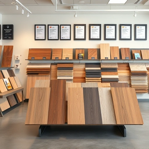 Flooring sales and installation showcase with hardwood, laminate, and tile options in a modern, professional showroom.