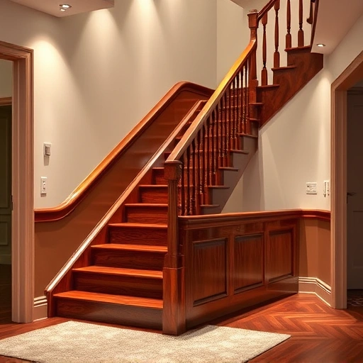 Hardwood staircase refinishing in Oklahoma City with polished mahogany finish, elegant bannister, and inviting ambiance.