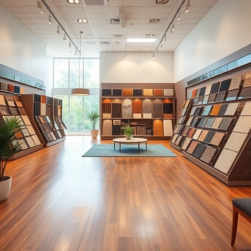 Spacious flooring showroom in Del City, OK, showcasing polished hardwood, carpet samples, and sleek tiles.