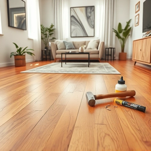 Hardwood floor repair in a modern living room with tools and elegant decor highlighting craftsmanship and quality.