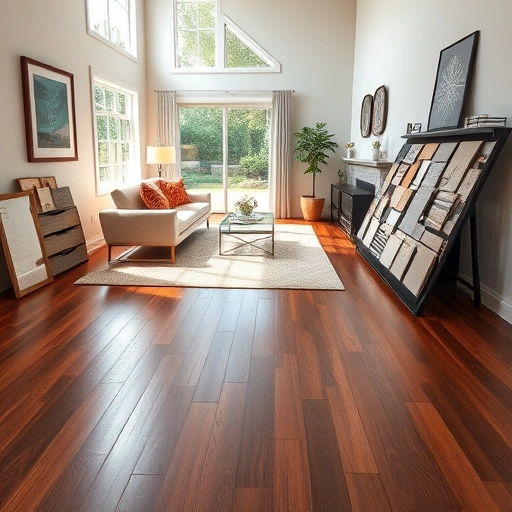 Completed hardwood flooring installation in a stylish living room showcasing modern decor and flooring samples.