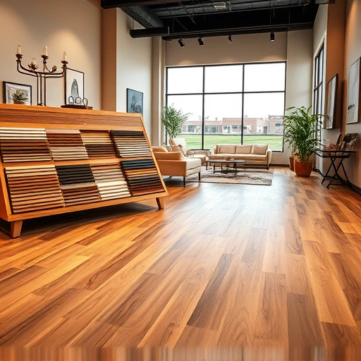 Elegant interior showcasing hardwood and tile flooring with stylish consultation area and modern display samples.