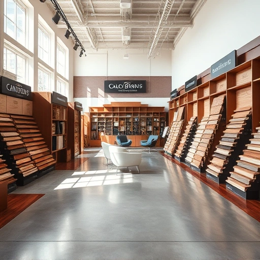 Flooring showroom displays a variety of hardwood, laminate, tile, and carpet in an inviting, sophisticated setting.