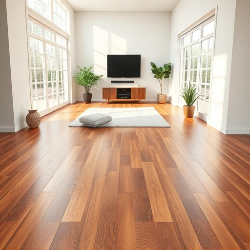 Completed hardwood flooring installation in a sunlit room with modern decor and natural light enhancing the wood's beauty.