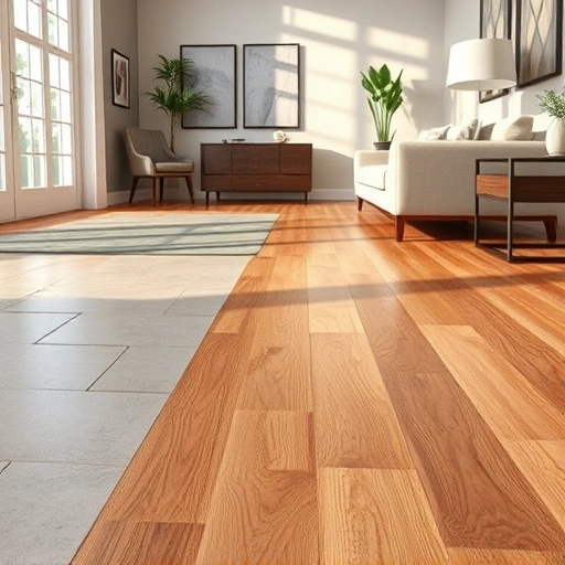 Transition strip installation between hardwood and tile floors in a modern, well-lit Oklahoma City room.