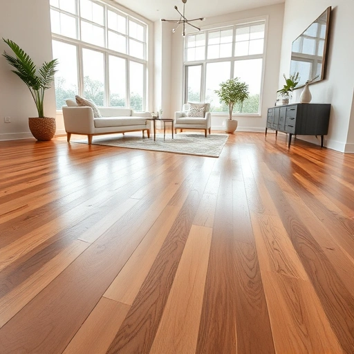 Polished hardwood flooring in a bright room with natural light, showcasing rich tones and seamless edges.