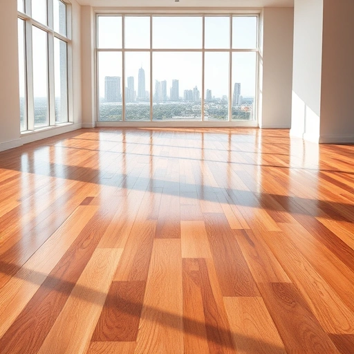 Spacious room with polished hardwood flooring reflecting natural light and Oklahoma City skyline visible through windows.