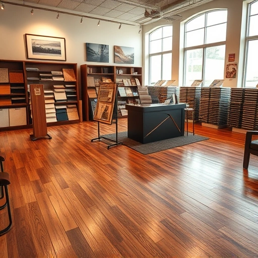 Showroom in Goldsby, OK showcasing diverse flooring options with polished wooden floors and modern design elements.