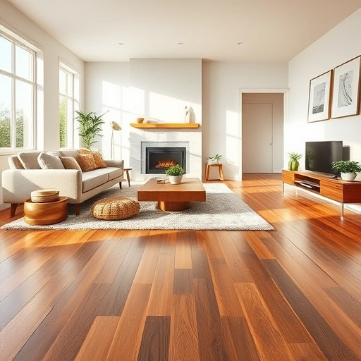 Spacious living room in Moore, OK with elegant hardwood flooring, modern furnishings, and a cozy fireplace.