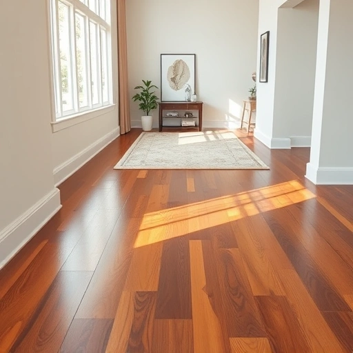 Completed baseboard removal and reinstallation showcasing polished hardwood floors in a stylish, organized room.