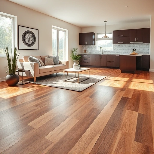 Modern living room with elegant hardwood floors, contemporary furnishings, and natural light creating a warm atmosphere.