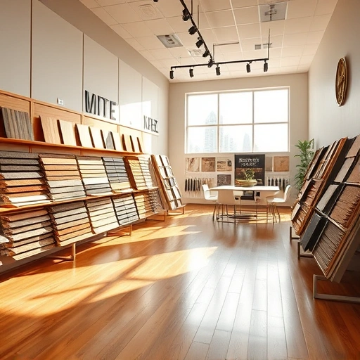 Flooring showroom with hardwood, laminate, tile, and carpet samples displayed on elegant racks under natural light.