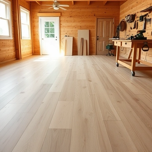 Completed subfloor leveling for hardwood installation in Oklahoma City showcasing a smooth plywood surface and organized workshop.