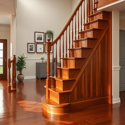 Hardwood staircase refinishing in modern Oklahoma City home, showcasing polished wood, elegant balusters, and soft lighting.