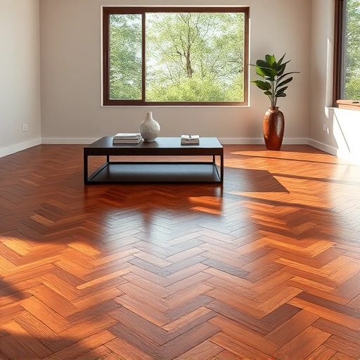 Elegant hardwood flooring in herringbone pattern enhances a minimalist room with natural light and lush greenery view.
