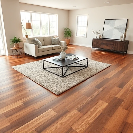 Spacious modern living room in Arcadia OK with gleaming hardwood floors, stylish area rug, and calming decor.